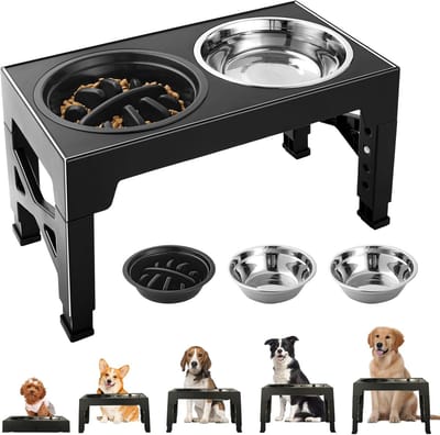 Honden voerbak - Verhoogde bakken - Gezond eten - 5 Hoogtes verstelbaar - 2x 1.2L 1x 0.8L - Zwart
