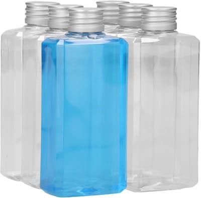 6 x 250 ml moderne rechthoekige fles PET transparant + Schroefdop aluminium - PET Kunststof BPA-vrij - Plastic Flessen Navulbaar - Met Dop - Lege Flessen - 6 stuks