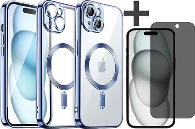Hoesje met Privacy Screenprotector Geschikt voor iphone 15 Hoesje - Geschikt voor MagSafe - Arara siliconen Backcover - Blauw