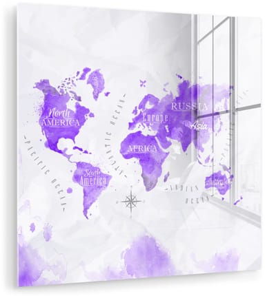 ® Glasschilderij 90x90 cm - Schilderij acrylglas - Wereldkaarten - Olieverf - Paars - Foto op glas - Muurdecoratie woonkamer - Wanddecoratie slaapkamer - Schilderijen