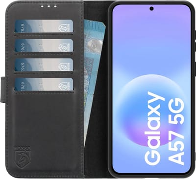 Rosso Deluxe Echt Leer Hoesje Geschikt voor Samsung Galaxy A57 | Ruimte voor drie pasjes | Portemonnee Book Case | Met Pasjeshouder | Zwart
