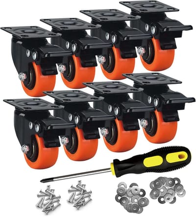Set van 8 Zwenkwielen 50mm met Rem - Heavy Duty Industriële Wielen met Stille PU