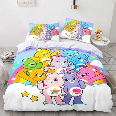 Dessin Animé Anime Bisounours Housse de Couette Ensemble Taie d'Oreiller Kawaii Bisounours Ensemble de Literie pour Enfants Décoration Taille Simple Double Queen King EU Single(135*200cm)3pcs