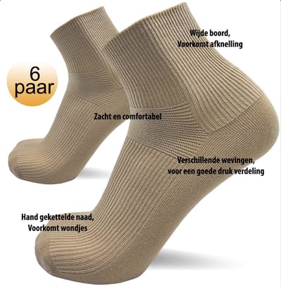 Nakkie's - Korte medische sokken - 6 paar - Beige - Maat 43/46 - wijde boord - Diabetes sokken - Quarter sokken - Lage sokken - Korte sokken