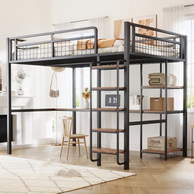 MODFU Hoogslaper 140x200 cm – met bureau en planken – veiligheidsladder met brede treden – metaal – zwart – voor thuiswerken