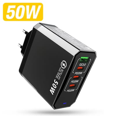 Bazzzy® 4-in-1 Snellader 50W – Fast Charger – Telefoonlader – USB-C & USB-A Oplader – Geschikt voor iPhone, Samsung, iPad, MacBook, Laptop & Smartwatch – Compacte 4-Poorts Oplader – Zwart