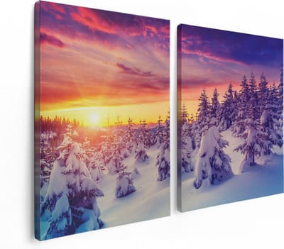 Artaza Canvas Schilderij Tweeluik Zonsondergang In Het Sneeuw Bos  - 120x80 - Foto Op Canvas - Canvas Print
