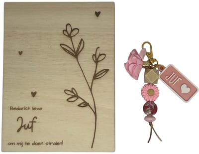 Sleutelhanger en kaartje JUF | roze | bloem | bedankt lieve juf | jij bent de liefste | liefste juf | topjuf | einde schooljaar | cadeau
