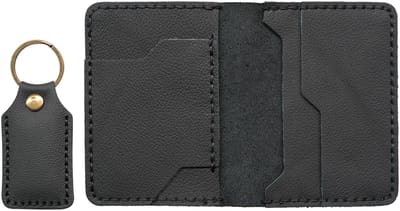 Leren Portemonnee & Sleutelhanger, Handgemaakt, Slank & Minimalistisch 2-delig Set, Zwart