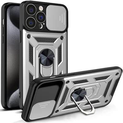 Hoesje geschikt voor iPhone 15 Pro Max met Ringhouder en Camera schuifje – Zilver