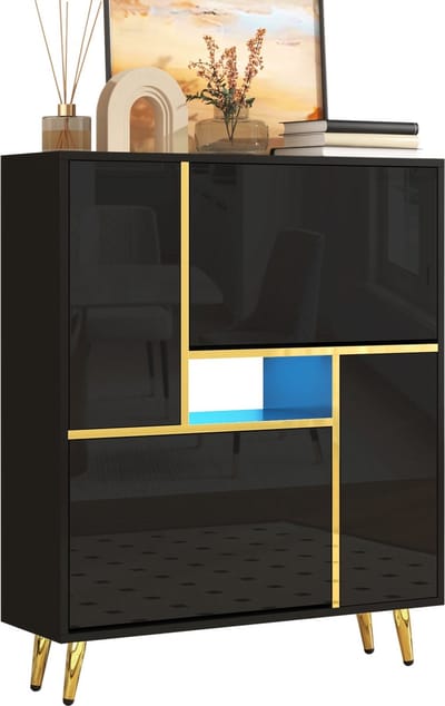 Merax Moderne Schoenenkast met Hoogglans Front en 16-kleurig LED-licht - Zwarte Schoenenkast (80 x 25 x 96 cm)