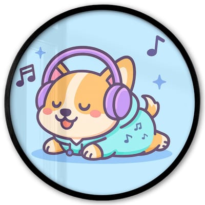 Poster in lijst Rond - Fotolijst 40x40 cm - Posters - Corgi - Koptelefoon - Blauw - Muzieknoten - Ronde posterlijst zwart - Decoratie - Wanddecoratie woonkamer - Muurdecoratie slaapkamer