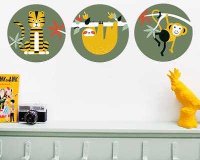 Muurcirkel set Jungle olijf groen 3x 30cm - muursticker – jungle - dieren - junglekamer – tijger – aap – luiaard – jongenskamer – kinderkamer - muurdecoratie - kinderkamerstyling – kinderkameraccessoire