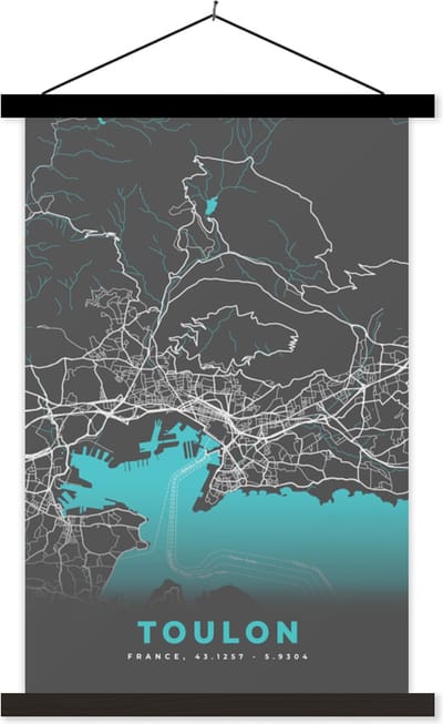 Posterhanger incl. Poster 40x60 cm - Schoolplaat - Toulon - Kaart - Frankrijk - Stadskaart - Plattegrond - Textielposter - Zwarte latten - Stadskaart