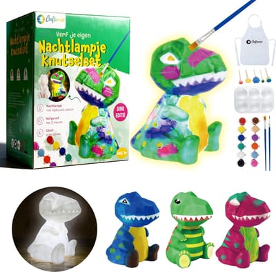 Craftiverse – Paint Your Own Lamp – Knutselset Nachtlampje Kinderen – Schilderen - Dino Editie – Knutselen Voor Kinderen - Verf je eigen Nachtlampje – Inclusief Verf, Penselen, Sponsjes, Schort & Sjablonen