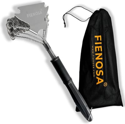 Fienosa BBQ Borstel met Schraper - Roest Vrij Staal - Hoogwaardige professionele kwaliteit - met opbergzak en ophanghaak - BBQ accessoires - Barbecue Borstel - Cadeau - 2 in 1 functie - verjaardags cadeau - BBQ chef