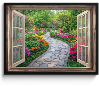 Poster in lijst - Fotolijst 70x50 cm - Posters - Doorkijk - Bloemen - Tuinpad - Natuur - Raam - Posterlijst zwart - Decoratie - Wanddecoratie woonkamer - Muurdecoratie slaapkamer