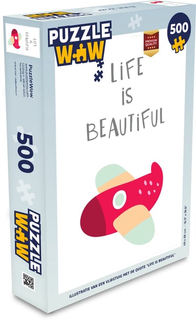 Puzzel Illustratie van een vliegtuig met de quote "Life is beautiful" - Legpuzzel - Puzzel 500 stukjes