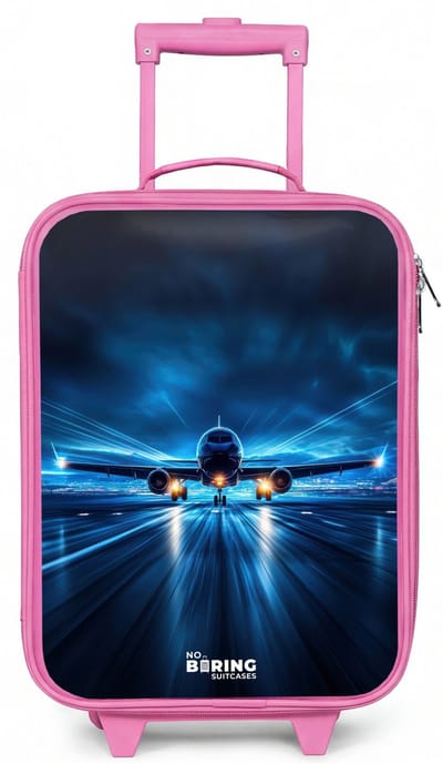 NoBoringSuitcases.com® - Kinderkoffer roze - Kindertrolley meisje - Vliegtuig opstartend in futuristisch nachtlandschap - Koffer kind lichtgewicht - Reiskoffer trolley voor kinderen - Koffertje met lichtgevende wieltjes - Rolkoffer