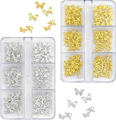 YUBBI Nagel 3D Vlinder Glitter Set - Nail Art Set - Nagelsteentjes - Strass - Zilver en Goud - 180 stuks