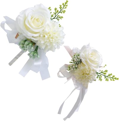 Polsbloemen Corsage Set - Bruiloft Accessoires - Feestelijke Decoratie - Duurzaam Textielmateriaal - 15x12 cm - Wit