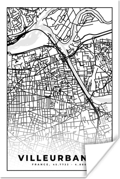Poster Frankrijk - Plattegrond - Villeurbanner - Stadskaart - Kaart - Zwart wit - 120x180 cm XXL