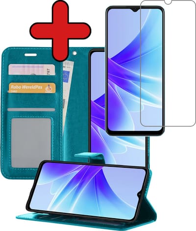 Hoesje - Met Screenprotector - Geschikt voor OPPO A17 - Luxe Pasjeshouder - Flipcase - Bookcase Portemonee - Flip Case - Kunstleer Book Case - Book Cover - Walletcase - Portemonneehoes - Telefoonhoes - Turquoise
