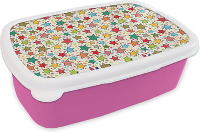 Broodtrommel Roze - Lunchbox - Brooddoos - Patronen - Sterren - Kleuren - Jongens - Kinderen - Kids - 18x12x6 cm - Kinderen - Meisje