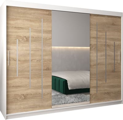 InspireMe - Kledingkast met 3 schuifdeuren, Modern-stijl, Een kledingkast met planken en een spiegel (BxHxD): 250x200x62 - MALTESE I 250 Wit Mat + Sonoma Eik