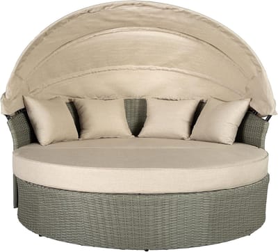 Zonne-eiland 2-persoons rond ligbed 150x165x150 cm met draaibaar zitvlak en kussens – modulair outdoor loungebed, weerbestendig tuinmeubel balkon terras – grijs – Bella