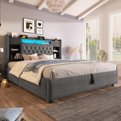 HAUSS SPOLE Gestoffeerd Bed 180x200 cm - Met Led, Usb En Usb C, Opbergruimte En Hoofdbordplank - Zonder Matras - Linnen - Grijs