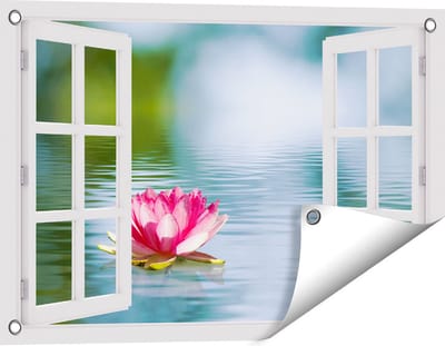 Gards Tuinposter Doorkijk Roze Lotusbloem op het Water - 60x40 cm - Tuindoek - Tuindecoratie - Wanddecoratie buiten - Tuinschilderij