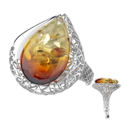 Cavill - Ring 925 Zilver - 3,5 ct Peervorm Baltic Barnsteen - Zonsopgang Barnsteen Polen - Elegant Tijdloos Design - Maat 18 19
