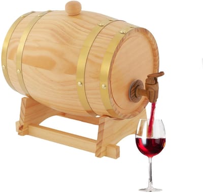 Dailygoods- Dennenwijnvat 3L - Houten Vat met Roestvrijstalen Banden - Tapkraan - Vintage Design - Aluminiumfolie Binnenbekleding - Stabiele Standaard - Whiskyvat
