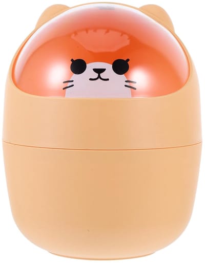 Leuke mini-prullenbak voor op het bureau met deksel - vuilnisbak in de vorm van een cartoonkat met draaibaar deksel - mini-prullenbak voor op het aanrecht - kleine prullenbak voor op het aanrecht - Oranje