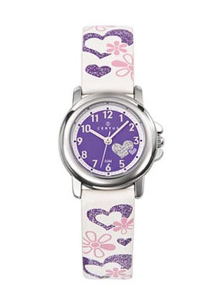Certus-kinderhorloge-Lederen band met hartjes/bloemen-Paarse wijzerplaat met Cijfers.