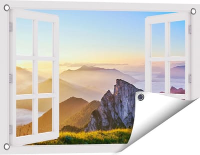 Gards Tuinposter Doorkijk Zonsopkomst in de Bergen in de Alpen - 60x40 cm - Tuindoek - Tuindecoratie - Wanddecoratie buiten - Tuinschilderij