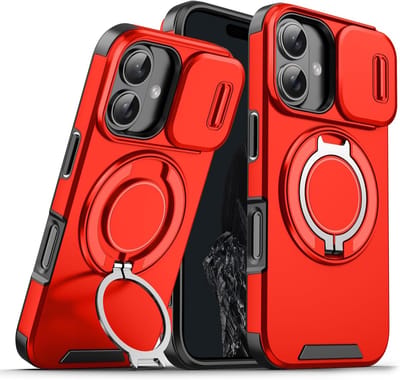 Hoesje Geschikt voor iPhone 16 Plus hoesje Rood backcover met Met Draaibare Ring Houder en camera bescherming