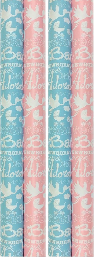Benza cadeaupapier - Inpakpapier voor geboorte jongen en meisje Babyshower - 200 x 70 cm - 4 rollen