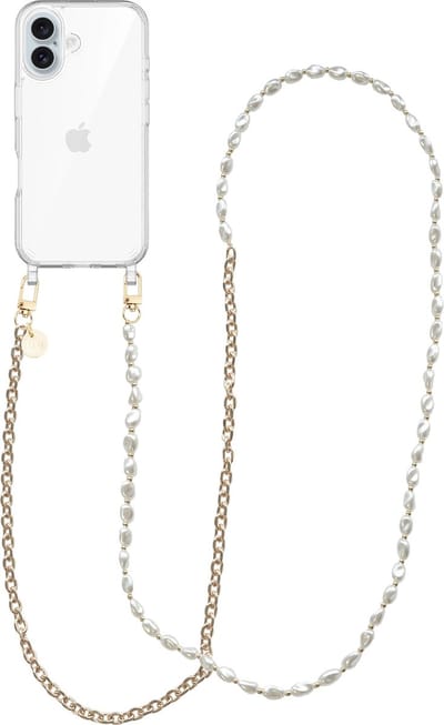 xoxo Wildhearts siliconen hoesje - Geschikt voor iPhone 16 hoesje - Over The Moon - Telefoonhoesje - Hoesje met koord - Parelketting / Gouden schakelketting - lang telefoonkoord - Transparant hoesje (lange variant)