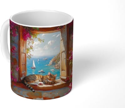 Mok - Koffiemok - Kat - Blauwe zee - Roze bloemen - Mokken - 350 ML - Beker - Koffiemokken - Theemok