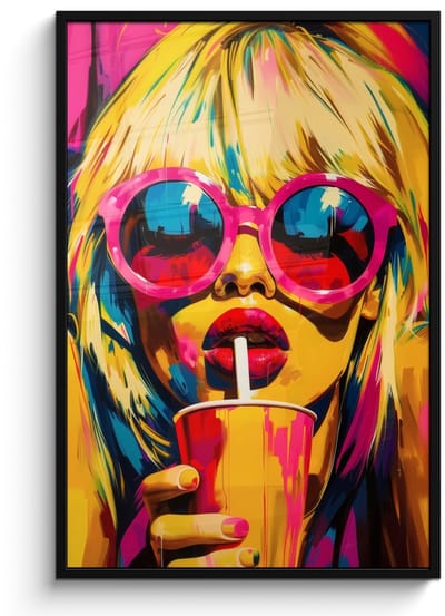 Poster in lijst - Fotolijst 80x120 cm - Posters - Zonnebril - Roze - Vrouw - Rietje - Posterlijst zwart - Decoratie - Wanddecoratie woonkamer - Muurdecoratie slaapkamer