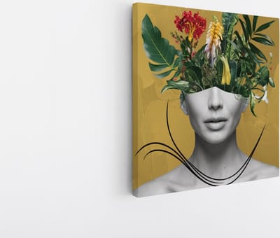Saammp Canvas Schilderij - Vrouw met bloemen als hoofd - abstract - 20x20 - Foto op canvas - Wanddecoratie - Muurdecoratie Woonkamer - Slaapkamer decoratie - Canvas Print