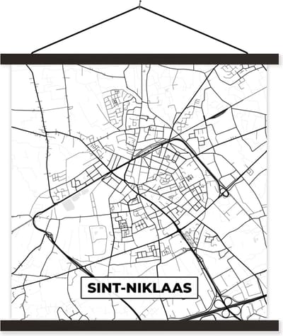 Posterhanger incl. Poster 60x60 cm - Schoolplaat - Zwart Wit – België – Plattegrond – Stadskaart – Kaart – Sint Niklaas - Textielposter - Zwarte latten - Stadskaart