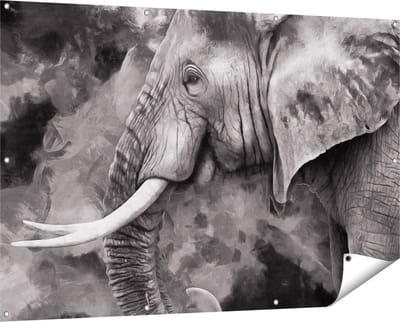 Gards Tuinposter Olifant - Abstract - Zwart Wit - 150x100 cm - Tuindoek - Tuindecoratie - Wanddecoratie buiten - Tuinschilderij