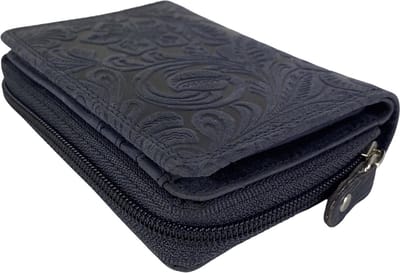 Portemonnee Dames - Buffelleer - Leer - RFID - Bloemenprint - Donkerblauw - Arrigo