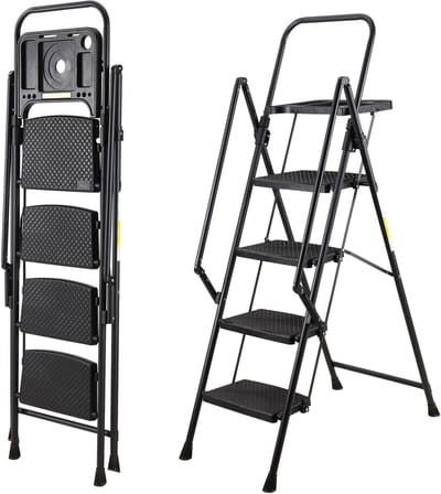 Inklapbare Trap - Keukentrap - Stalen Vouwladder-Huishoudtrap – Antislip –Met Leuning – Veiligheidsvergrendeling - 150 kg - Thuis - 4 Treden- Opvouwbaar-Zwart