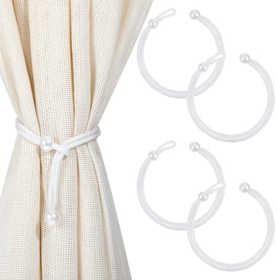 Dailygoods- Parelgordijnen 4 Stuks - Verstelbare Gordijnhouders - Wit - Hoogwaardig Polyester - Eenvoudige Bevestiging - Elegante Touch - Gordijnclip