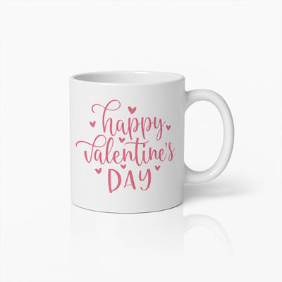 Happy Valentine’s Day Mok 330ml – Witte Koffiemok met Elegante Roze Lettering – Romantisch Cadeau voor Haar