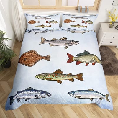 Turkoois Baars Vis King Queen Beddengoed Set Zeedier Dekbedovertrek Jacht Thema Bosland Jungle Scène Polyester Dekbedovertrek 173x218cm 2pcs